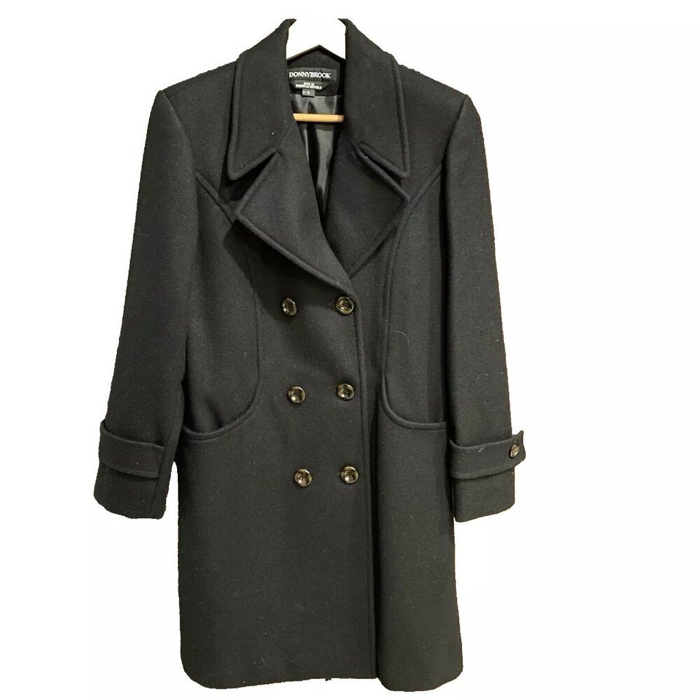 VTG DONNYBROOK Women's Classic Black Long Lined 100% Wool Pea Coat Sz 4